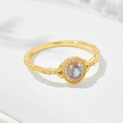 LAMOON-빈티지 비쥬 알렉산드라이트 반지, 925 스털링 실버 얇은 색상 변경 반지, 골드 도금 고급 보석 액세서리