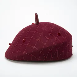 Elegant French Style Beret for Women Ladies Veil Peals Fascinator Hats Wool Fedoras Crushable Warm Winter Hat Church Wedding Hat