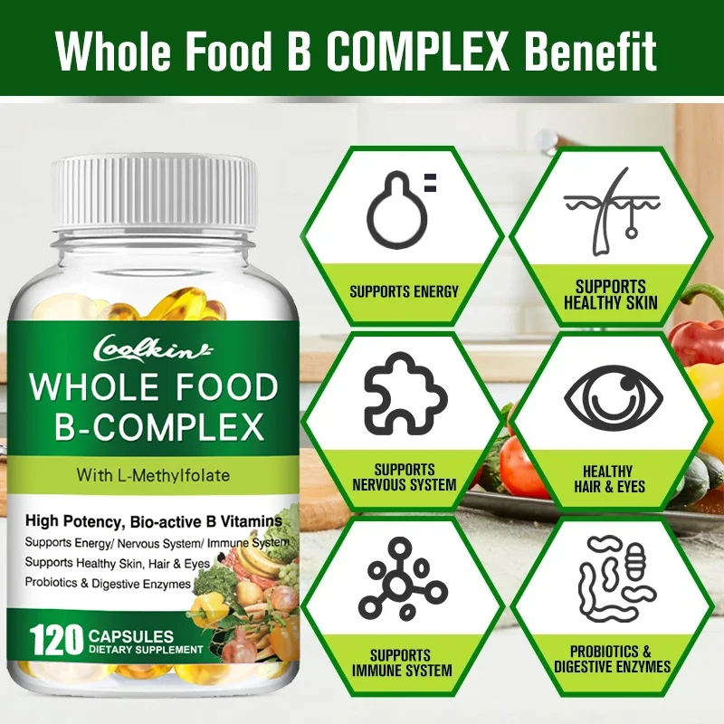 كبسولات فيتامين ب المركبة B1، B2، B3، B5، B6، B7، B9، B12 مكمل غذائي كامل للإجهاد والطاقة ودعم المناعة غير المضغوطة