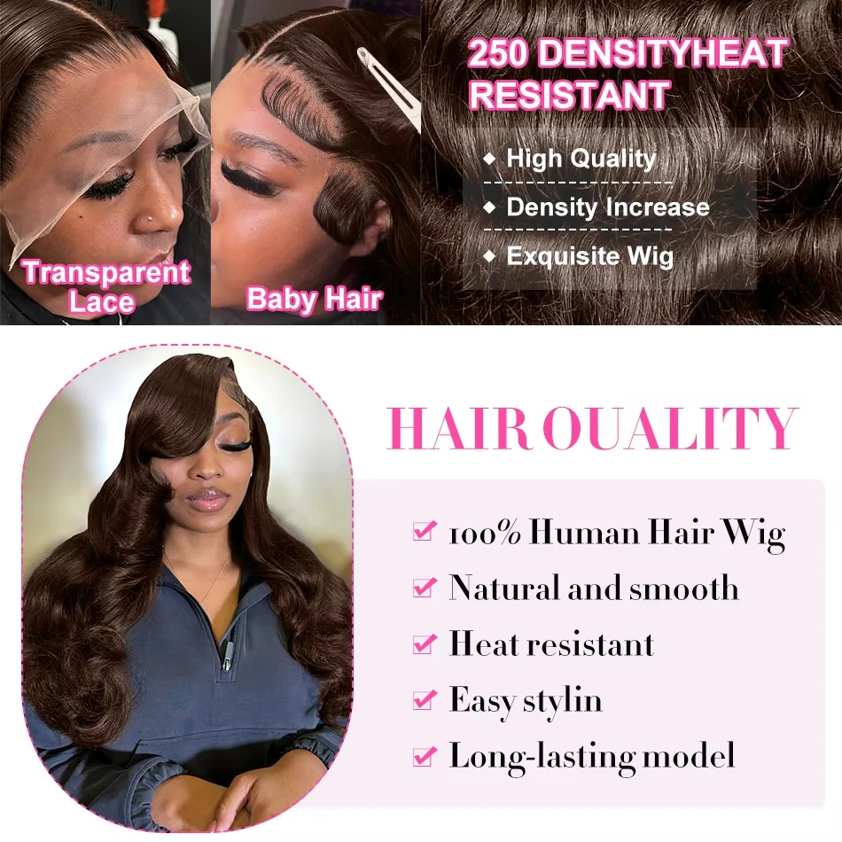30 بوصة 13x4 HD الدانتيل الشفاف الباروكات الأمامية الشوكولاته براون الجسم موجة 200 الكثافة 100% البرازيلي خصلات الشعر المستعار الإنسان للنساء
