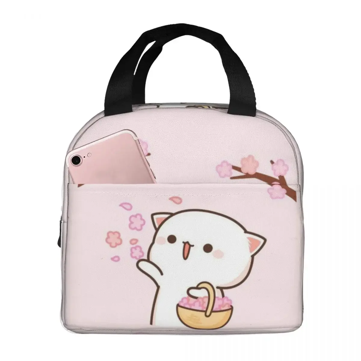 Kawaii Mochi Cat Peach And Goma Portable Lunch Box for Women Multifunction Cooler Thermal Food Insulated Lunch Bag Travel Work