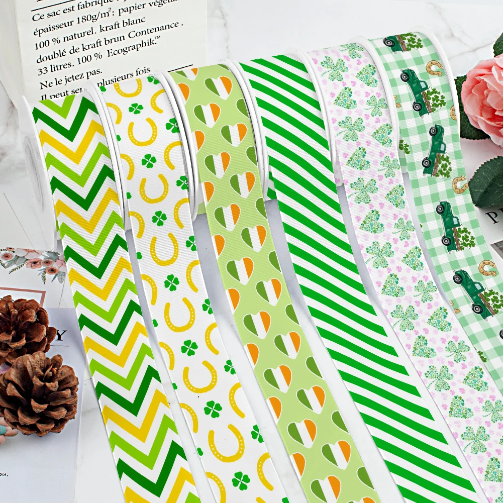 Green Clover Saint Patrick\'s Day Printed Grosgrain Ribbon /Satin for Gift Wedding Party Decoration DIY Hair Bow 10 Yards