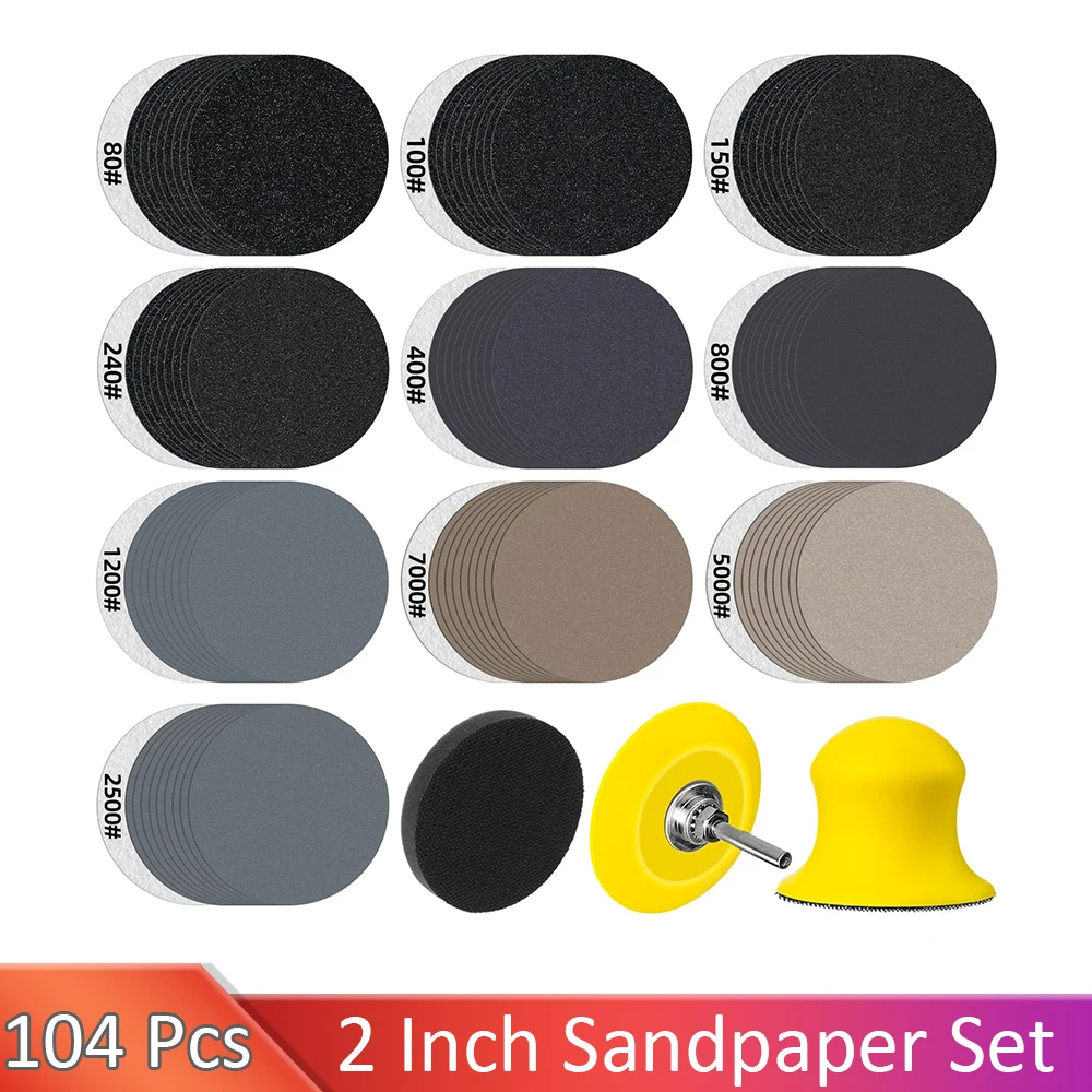 104 PCS 2 Inch Sanding Discs Assorted 80-7000 Grits 2” Wet/Dry Sander Pads with 1/4” Shank Backing Plate and Hook&Loop Pad