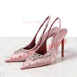 Luxury Crystal Flowers Back Strap Sandals Ladies Trendy Pointy Toe Classy Gems Satin Sandal Women Real Leather Evening Shoes