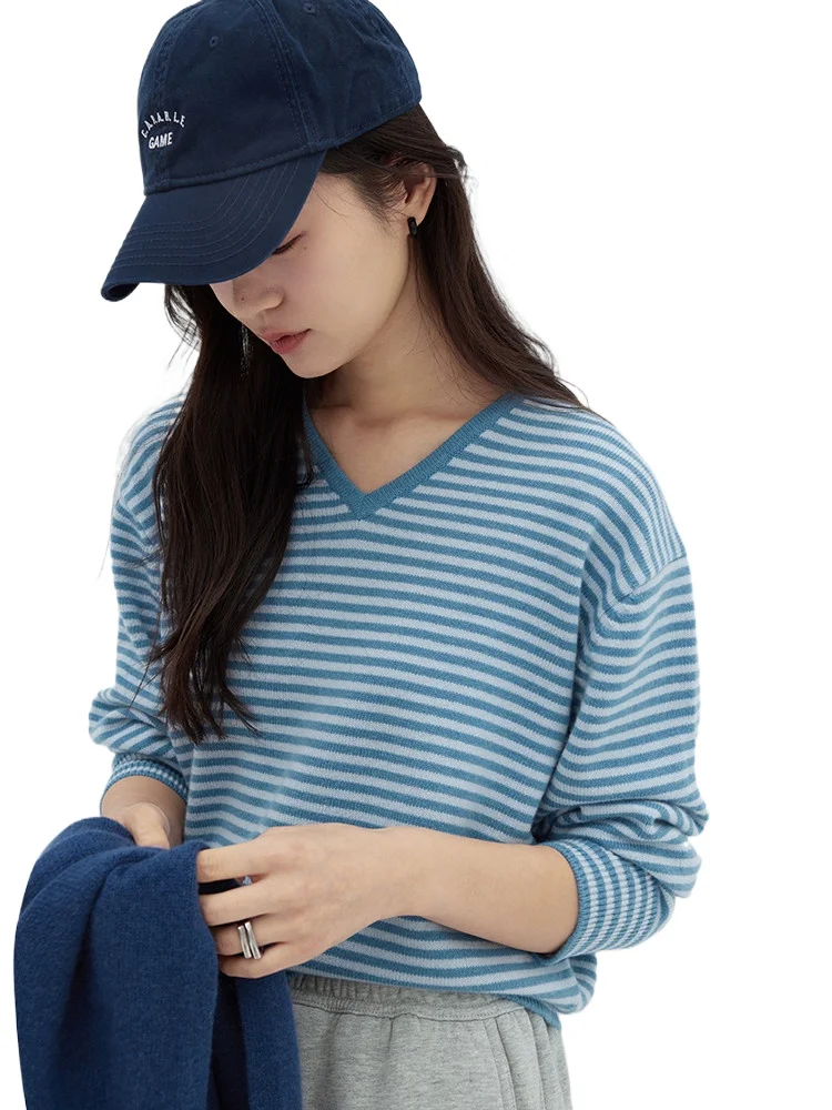 

Korean ins blogger wind _ Consinee AU double line medium thick striped loose v-neck pure cashmere sweater women