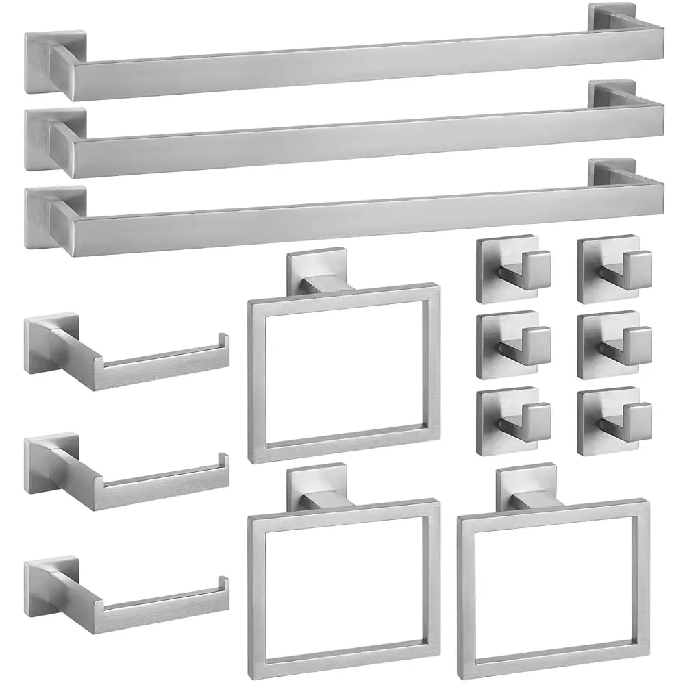 

Набор фурнитуры для ванной комнаты из 15 предметов — аксессуары для ванной комнаты из матового никеля, вешалка для полотенец 24 часа, квадратное кольцо для полотенец, держатель для туалетной бумаги,