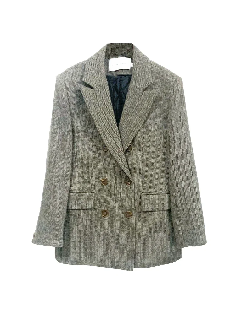 Chaqueta de traje de lana para mujer, Blazer informal holgado, abrigo acolchado grueso, Top de traje de oficina de doble botonadura, otoño e invierno, 2024