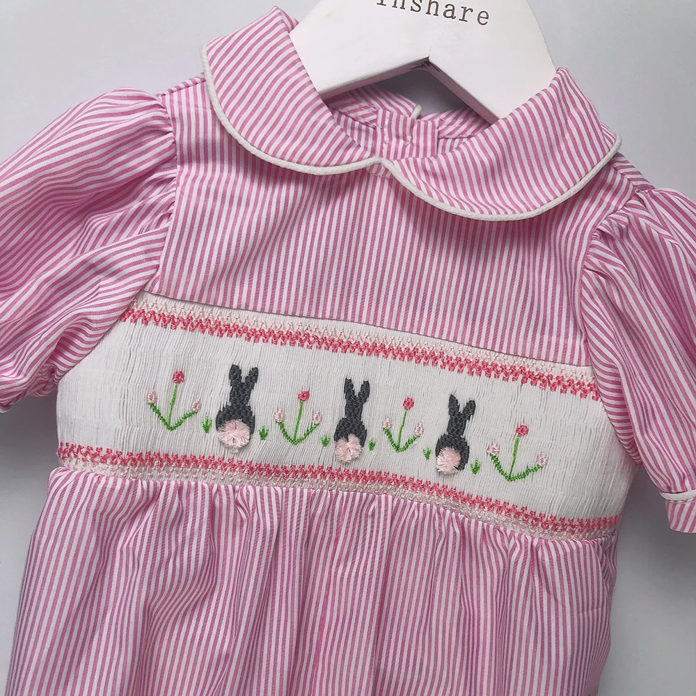 Children Boutique Clothing Summer Short Sleeve Boys and Girls Baby Striped Romper Handmade Smocked Rabbit Embroidery Cute Outfit