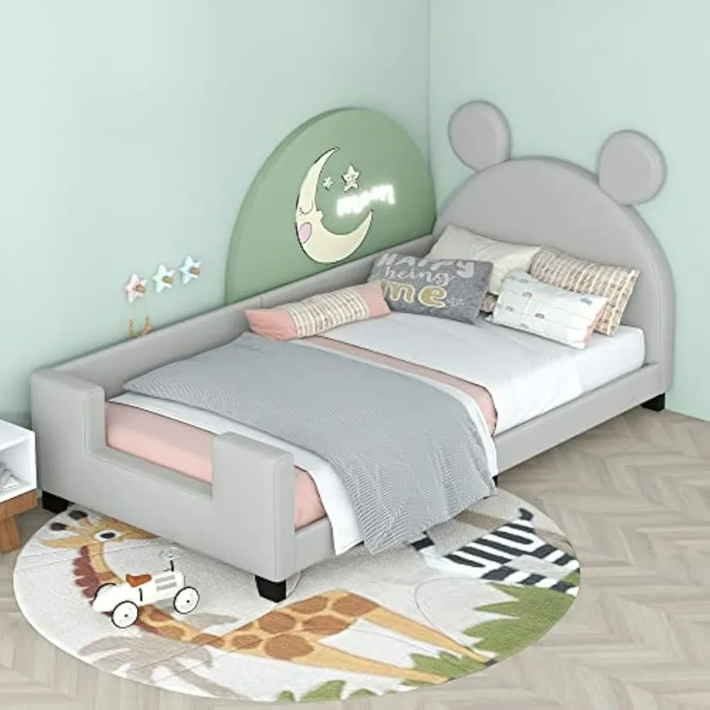 Twin Size Bed with Carton Ears Shaped Headboard,Cute Wood Bed-frame for Boys Girls, PU Leather Upholstered Daybed