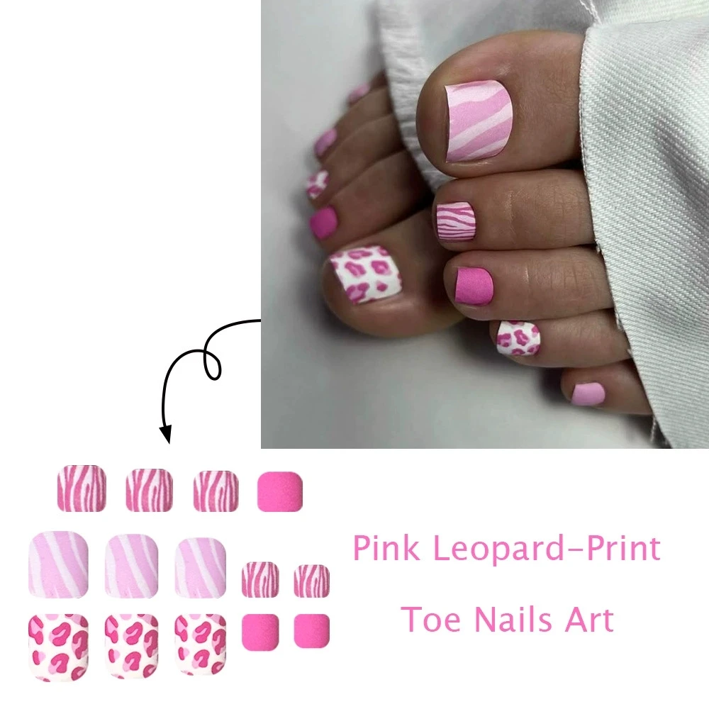 Faux ongles de manucure imprimé léopard rose, 24 pièces, nouveaux orteils d'été, givrés y2k, détachables, à pression, courts