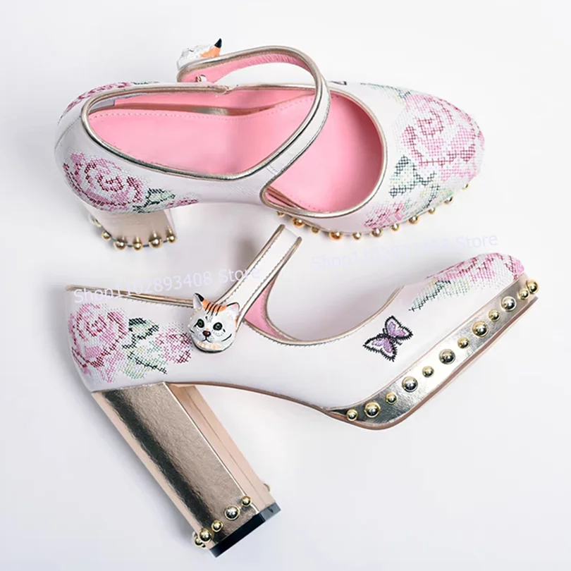 

Round Toe Rivet Embroider Pumps Platform Buckle Strap Golden Chunky High Heels Summer Women Shoes Party Shoes Zapatillas Mujer