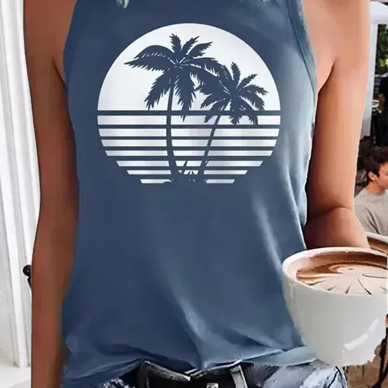 Summer Women's Cool Comfortable Tops Seaside Coconut Print Sleeveless Tops Daily Casual Vacation Tank Top