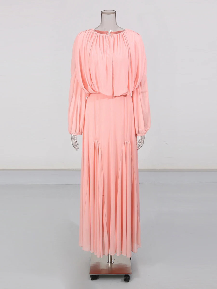 TWOTWINSTYLE Solid Spliced Plooien Minimalistische Jurken voor Vrouwen Ronde Hals Lange Mouwen Hoge Taille Elegante Jurk Vrouwelijke Herfst Nieuwe