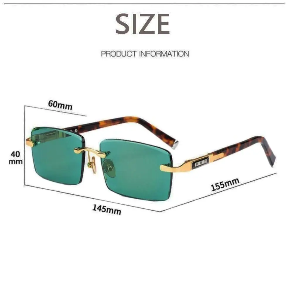 Retro Frameless Men's Sunglasses Green Crystal Stone Leopard Print Cycling Goggles Metal UV Protective Driving Glasses