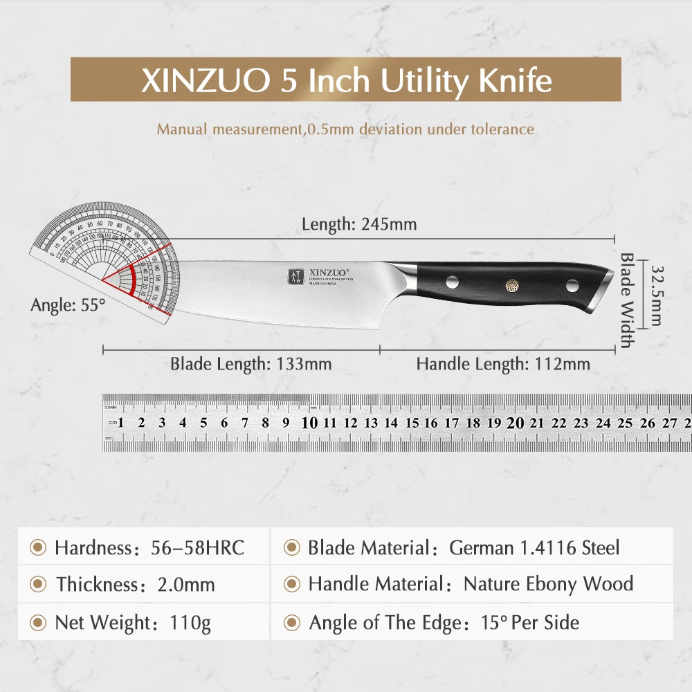 XINZUO 5\'\' Inch Utility Knife German 1.4116 Stainless Steel Kitchen Paring Knives With Ebony Handle New Arrival Meat Vegetable