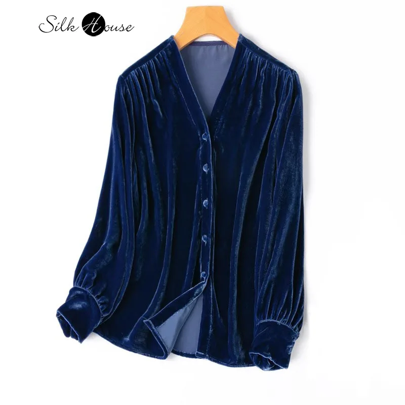 Deep Gemstone Blue 30% Natural Mulberry Silk Velvet Single Wear V-neck Long Sleeved Retro Lantern Sleeve Women's Fashion Shirt