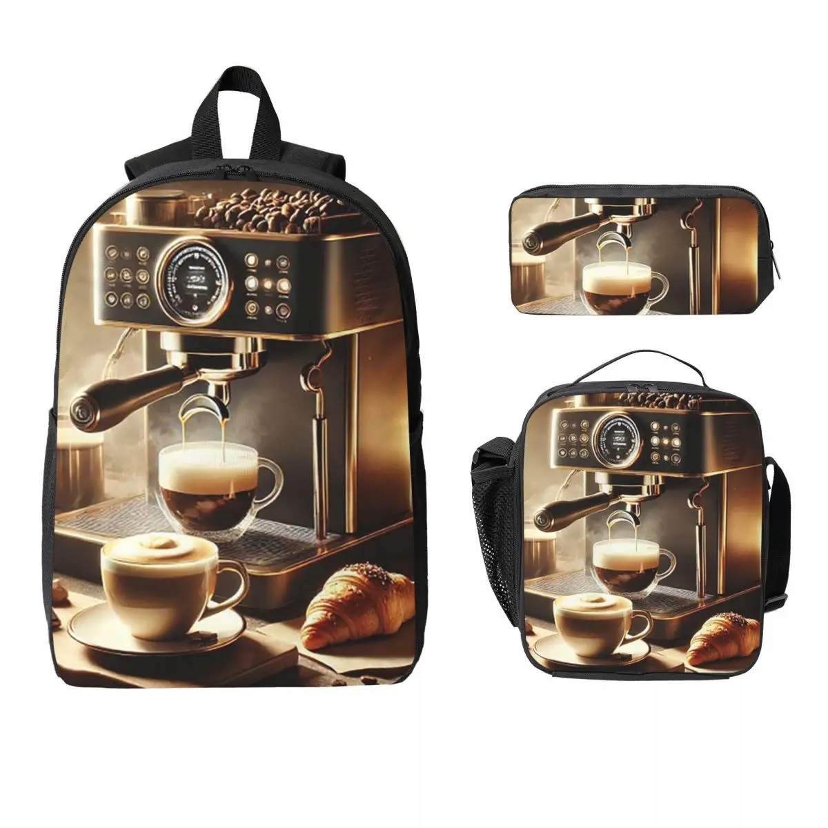Coffee Machine And Espresso Bar Backpack Boys Girls BookBag School Bag Laptop Shoulder Bags 3ps Insulated Lunch Bag Pencil Case