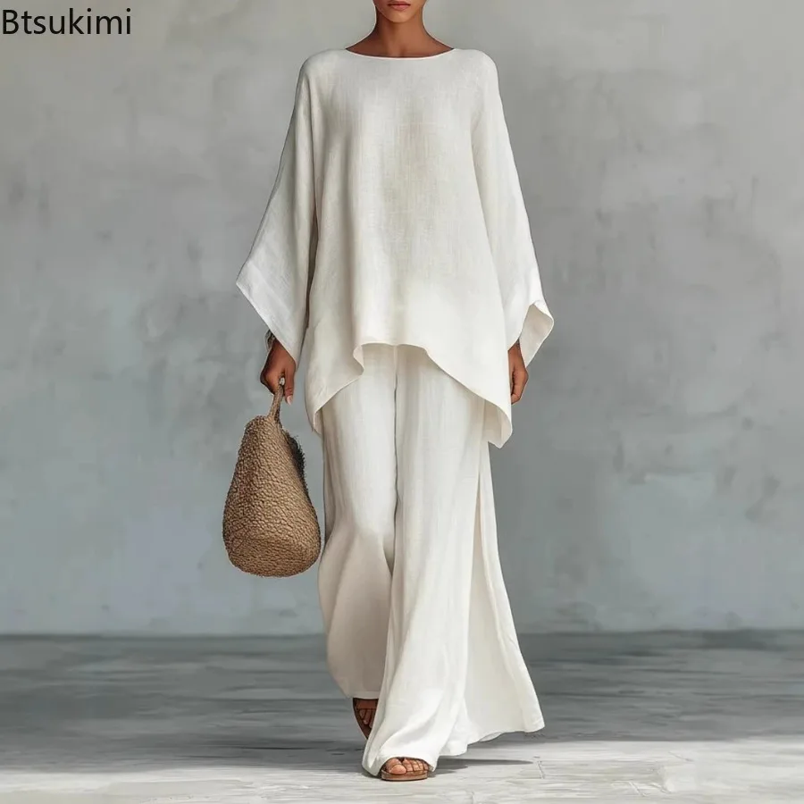 Modische Neue Damen-Leinen-Kombination: Locker Sitzende Langarm-Bluse und Weite Hose, 2-teiliges Set, Frühling Casual Retro Elegant Damen Einfacher Hosenanzug