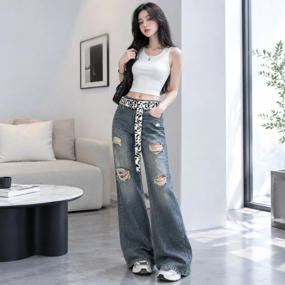 Retro Street Style Faux Fur Waist Belt Adjustable Length Leopard Print Pattern Leopard Print Belt Faux Fur Fur Belt for Women