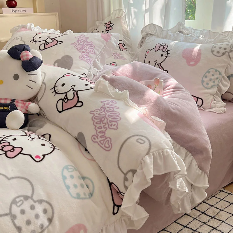 Cute Hello Kitty Kuromi Bedding Kawaii Anime Winter Milk Velvet Bed Sheets Three-piece Suit Cartoon Lace Quilt Cover Y2k Sanrio