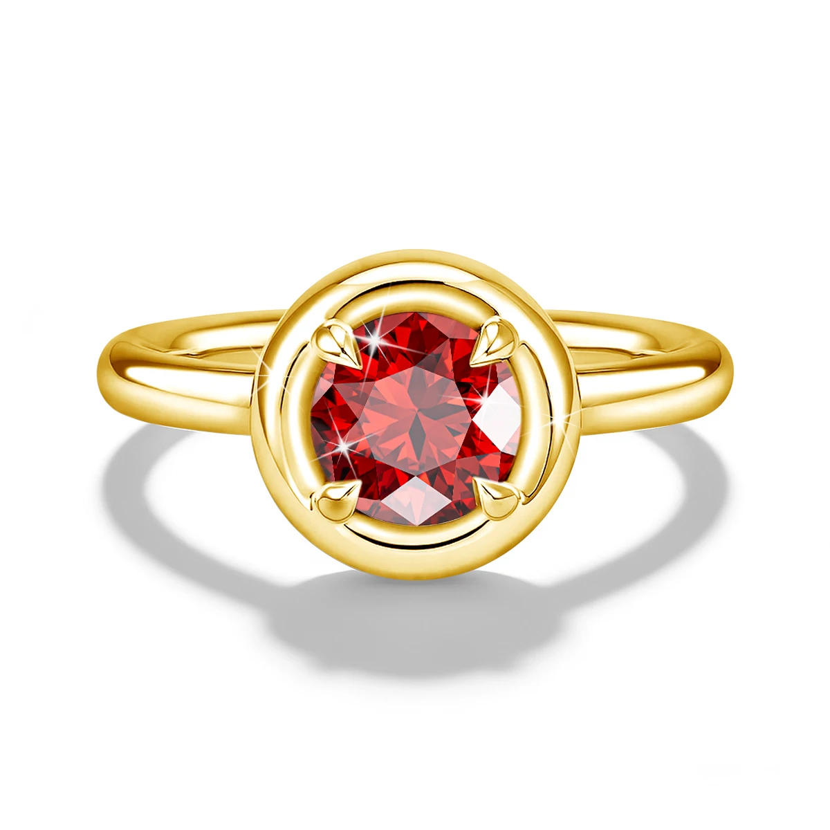 

Luxury Natural Red Garnet Ring for Women Real 925 Sterling Silver Gold Plated Modern Bezel Setting Round Cut Gemstone Statement