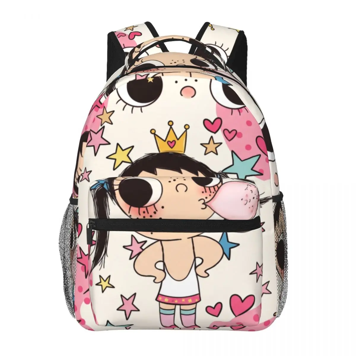 Romantic Cute Backpack Allover Eye Characters Whimsical Illustration Pink Multi Color Girls Bookbag for Valentine Birthday Daily