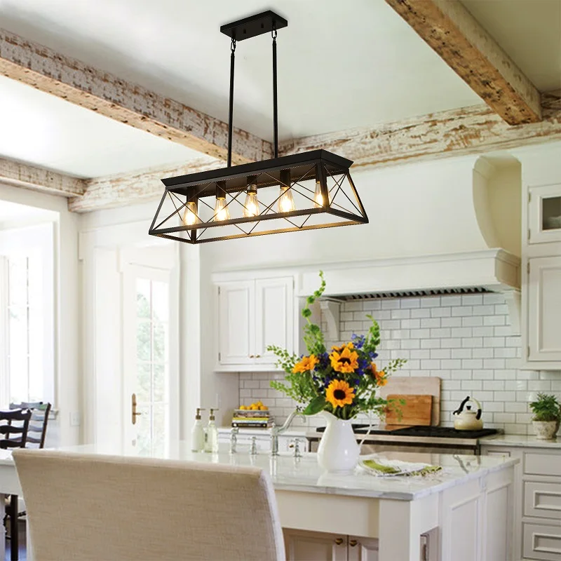 Dining Room with 5 Light Farmhouse Chandelier Metal Chandelier Island Style Lamps Kitchen Modern Rectangular Island Lights