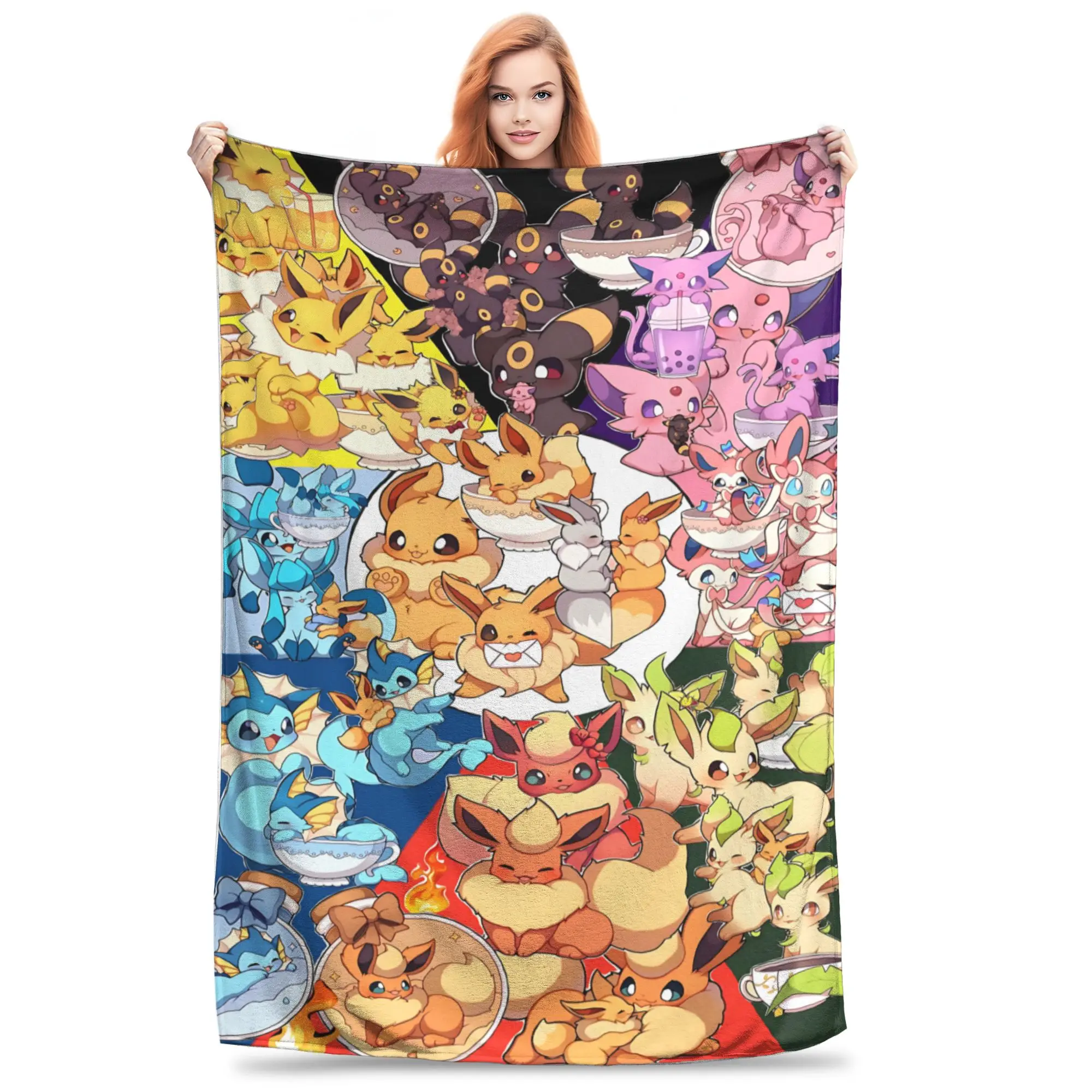 1PC home Cutecore Pokemon Theme Eeveelution Collage  Blanket Super Cosy Plush Home Living Room Sofa halloween