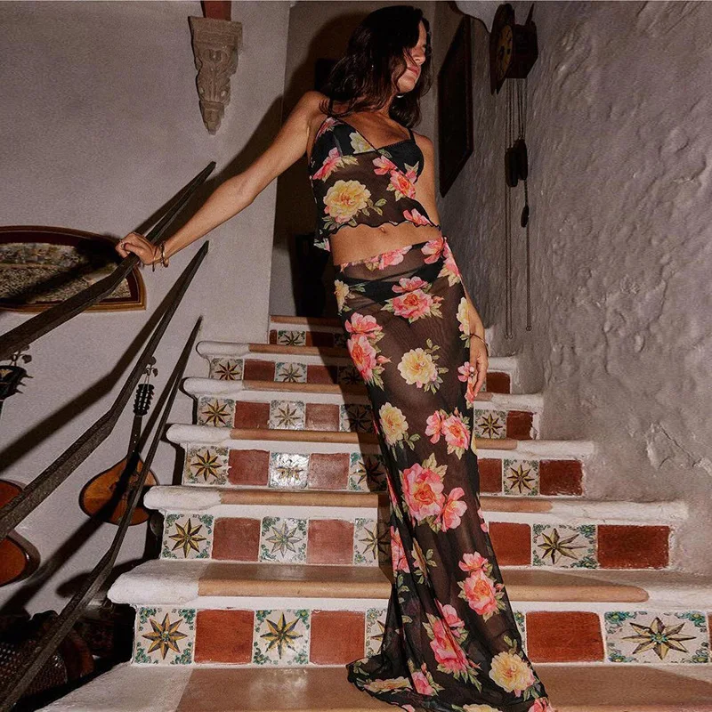 THRUM 2026 New European Printed Cami Two Piece Set Women Spaghetti Strap Top Perspective Slim Skirt Cross-border Matching Suit