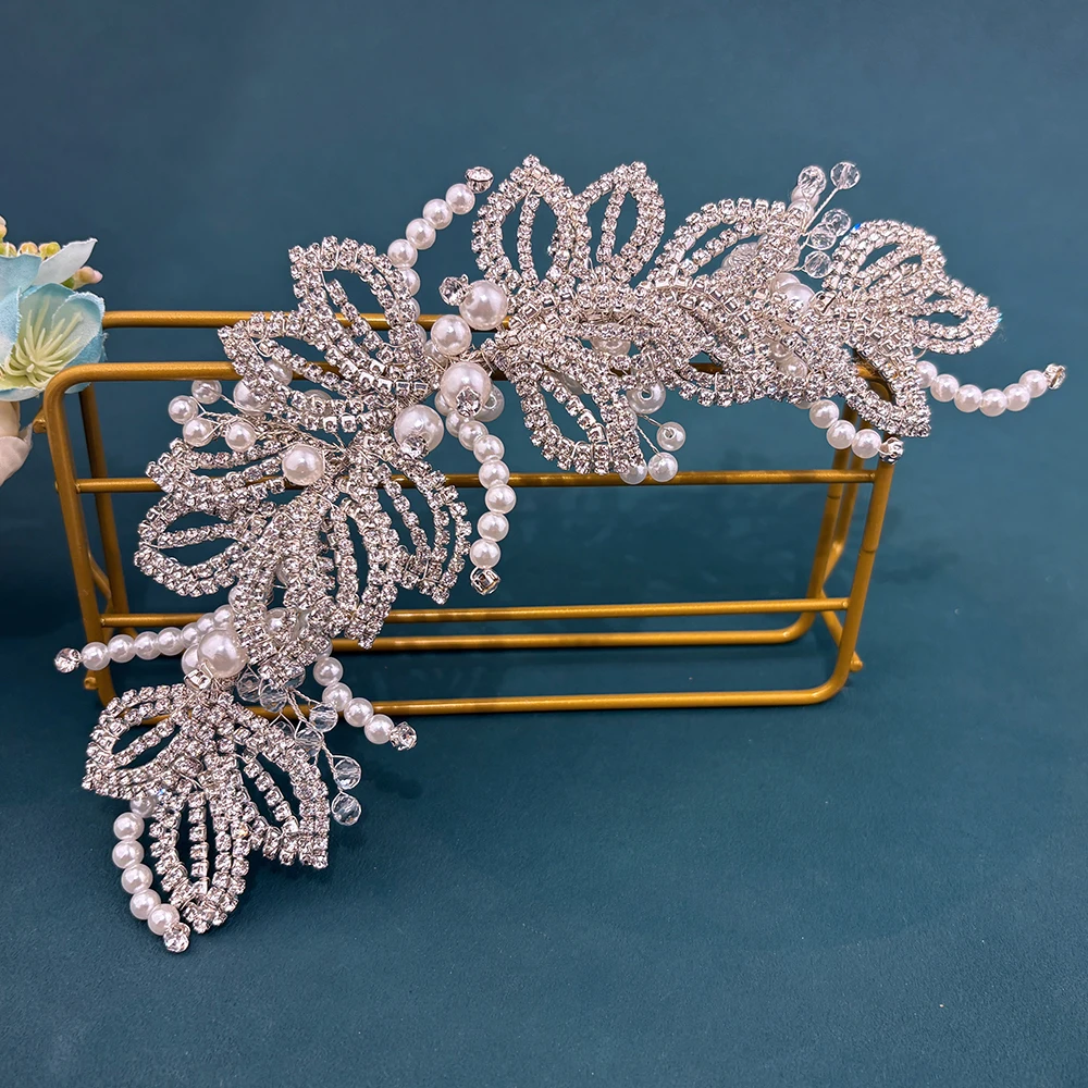 dz345-高級シルバーカラーのブライダルヘッドバンドラインストーンリーフウェディングヘアアクセサリークリスタルウェディングヘッドドレスヘアフープパーティー用