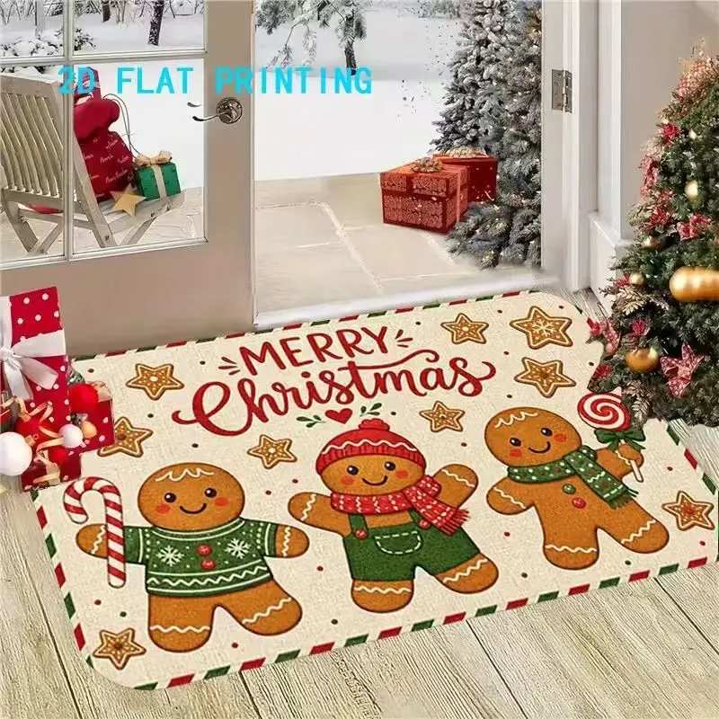VIKAMA Merry Yule Three Gingerbread Persons Stars Candy Stick Welcome Mat Festive Salutations Floor Padding Space Decor Soft