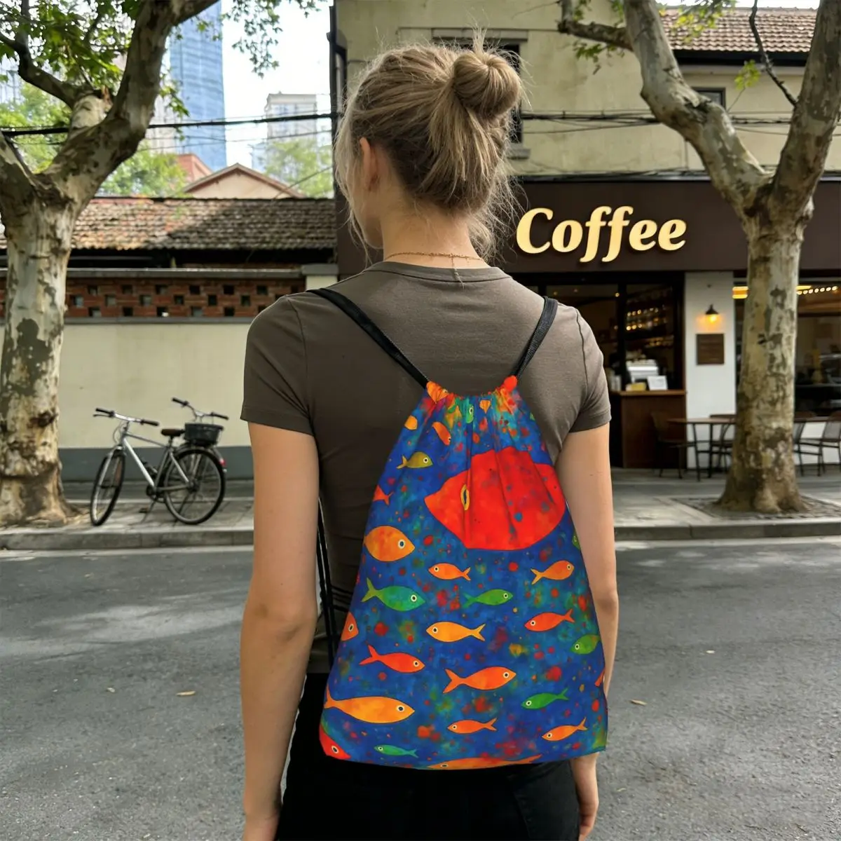 Strange Orange Fish Pattern Backpacks Portable Drawstring Bags Shoes Bag Book Bags for Travel Students