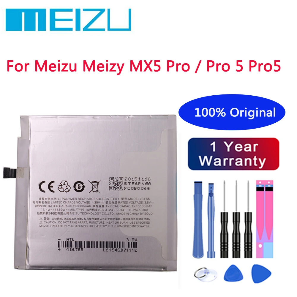 

100% Original High Quality BT56 Battery For Meizu Meizy MX5 Pro / Pro 5 Pro5 M5776 3050mAh Smart Phone Replacement Bateria