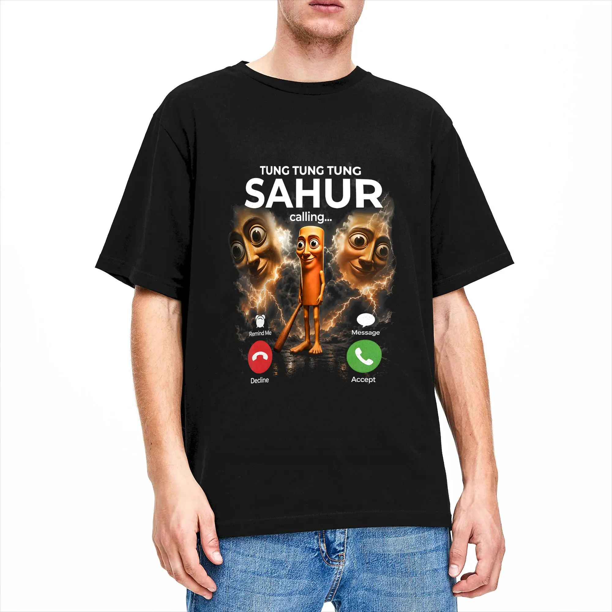 Tung Sahur Calling Lustiges Meme Brainrot Witz Herren T-Shirts Neuheit Tees Kurzarm Rundhals T-Shirt 100% Baumwolle Sommerkleidung