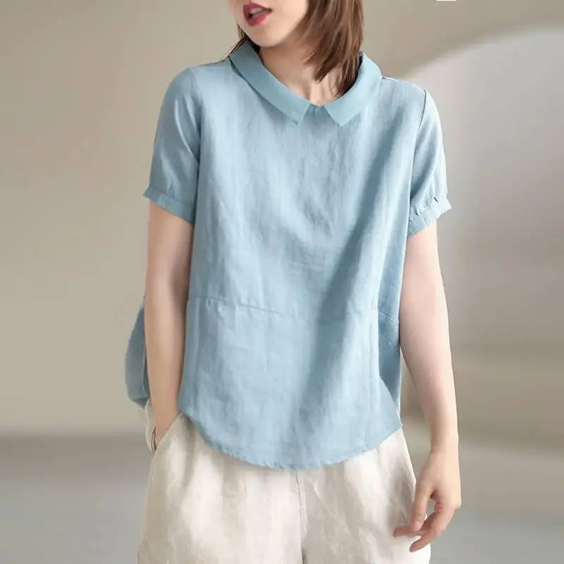 Fashion Solid Color Spliced Loose Korean Blouse Women\'s Clothing 2023 New Casual Pullovers Short Sleeve Commute Shirt