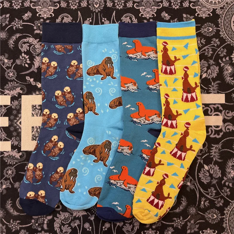 Adult Crew Cotton Fashion Socks Otter Otters Bank Beaver Seaquarium Alpaca Alpacas Llamas Lama Alpacos Sea lion Dog Morse Walrus