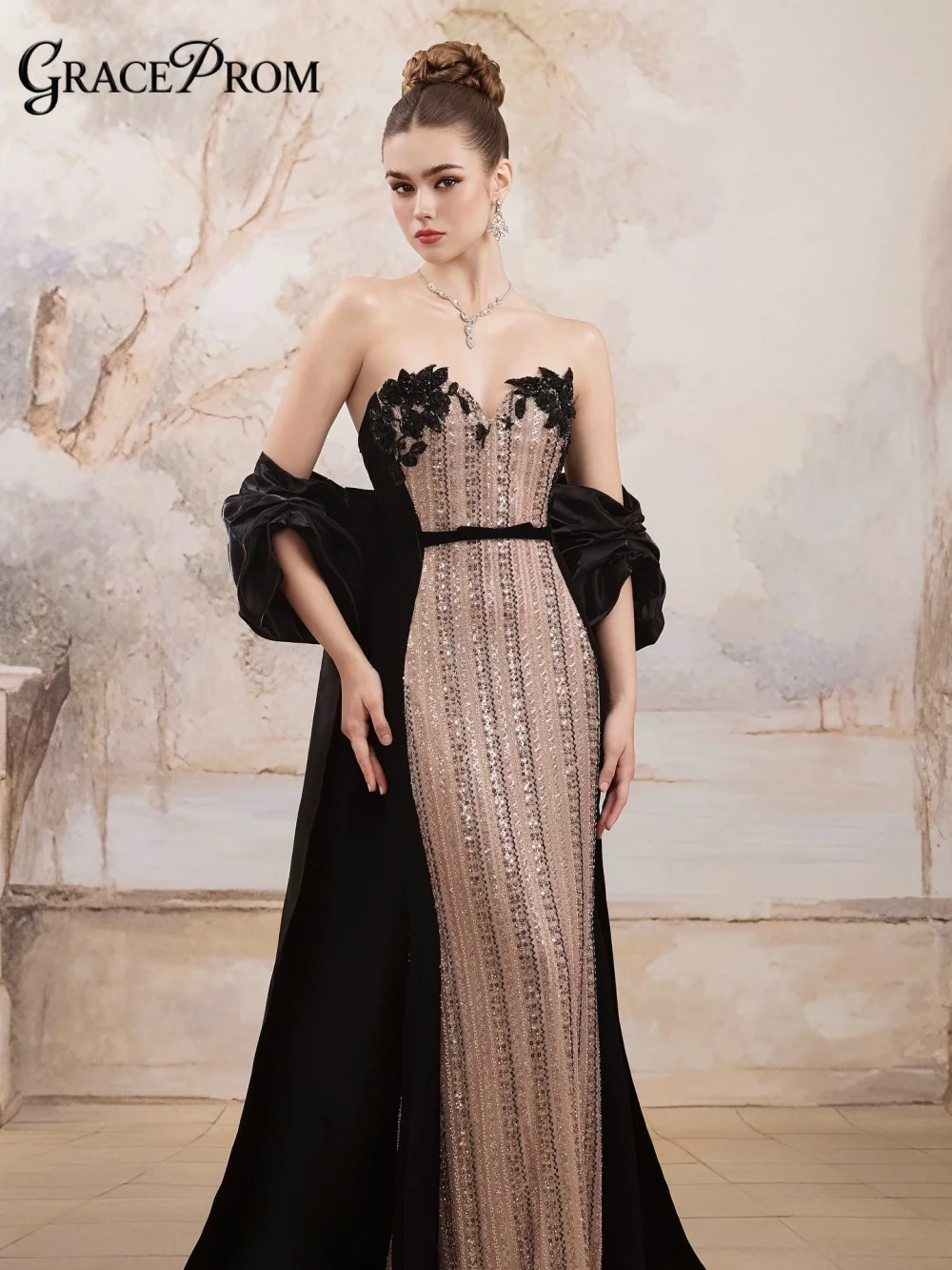 

Dazzling Nude Mesh Strapless Black Floral Party Dress Dramatic Long Black Wrap Cape Evening Gown Wedding Guests فساتين سهرة