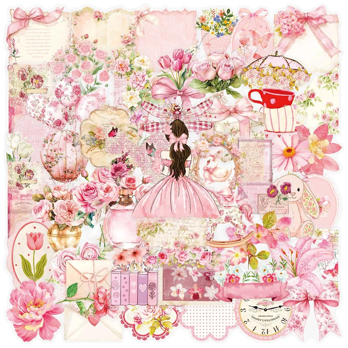 

50/100 шт. ретро-наклейки с розовыми цветами из прозрачного ПЭТ для багажа, телефонов, ноутбуков, декоративные наклейки