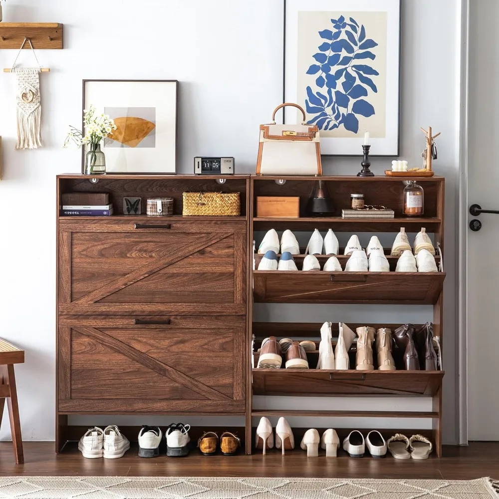 Freestanding Slim Shoe Storage Cabinet with Flip Drawers and Legs - Farmhouse Style Narrow Organizer Rack