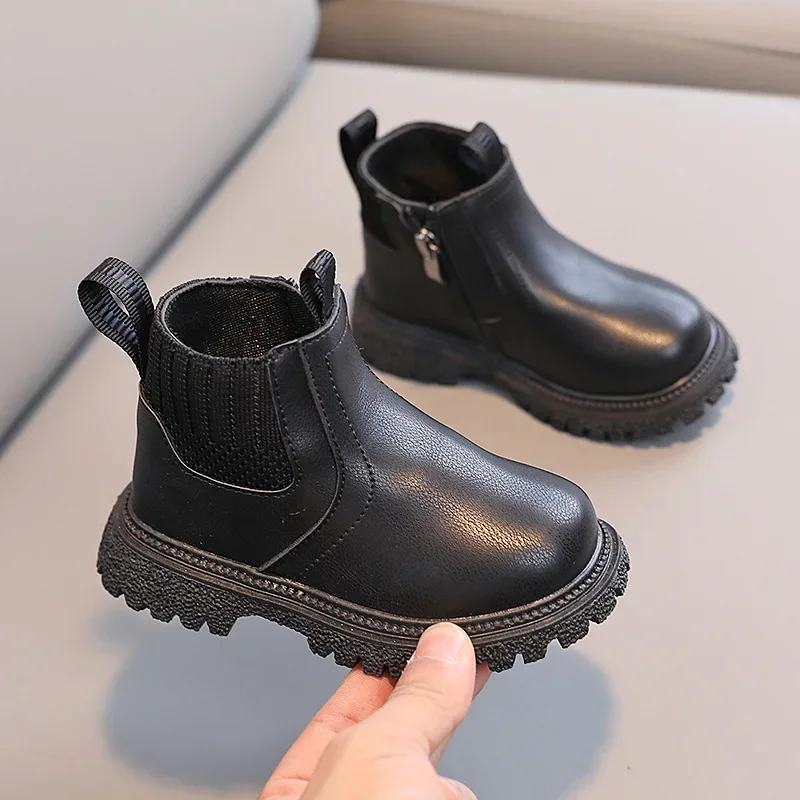 Botas cortas para niño y niña, botas individuales antideslizantes con cremallera lateral para niños, botas de cuero para niños