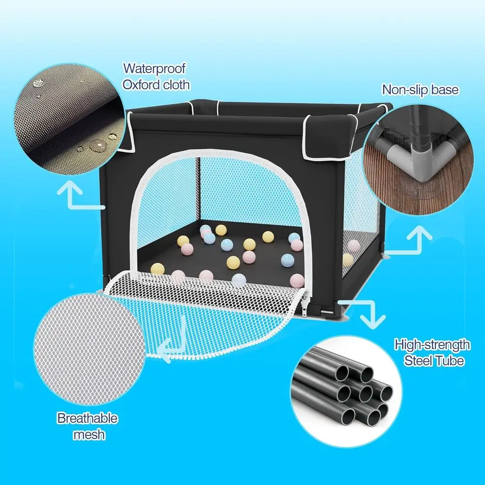 Portable Toddler Playpen with Mat, Compact Play Yard for Indoor & Outdoor, Durable Baby Safety Enclosure (Black, 36x36)