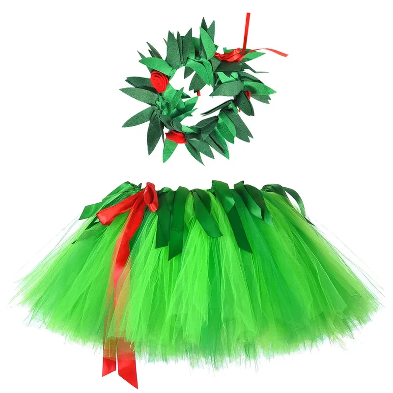 Green Flowers Hawaii Tutu Skirt Outfit for Girls Hula Party Dress Up Costumes for Kids Luau Ballet Princess Tutus with Garland
