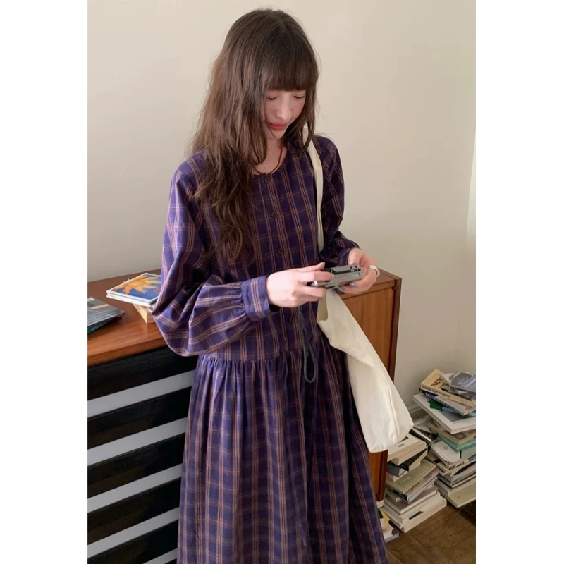 Women Plaid Midi Dress Round Neck Bubble Long Sleeve Drawstring Waist Loose A‑Line Casual Fall Dress