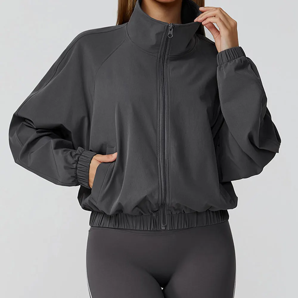 Nuova giacca sportiva con colletto rialzato ad asciugatura rapida Giacca da yoga a maniche lunghe fitness da corsa all'aperto antivento con cerniera da donna