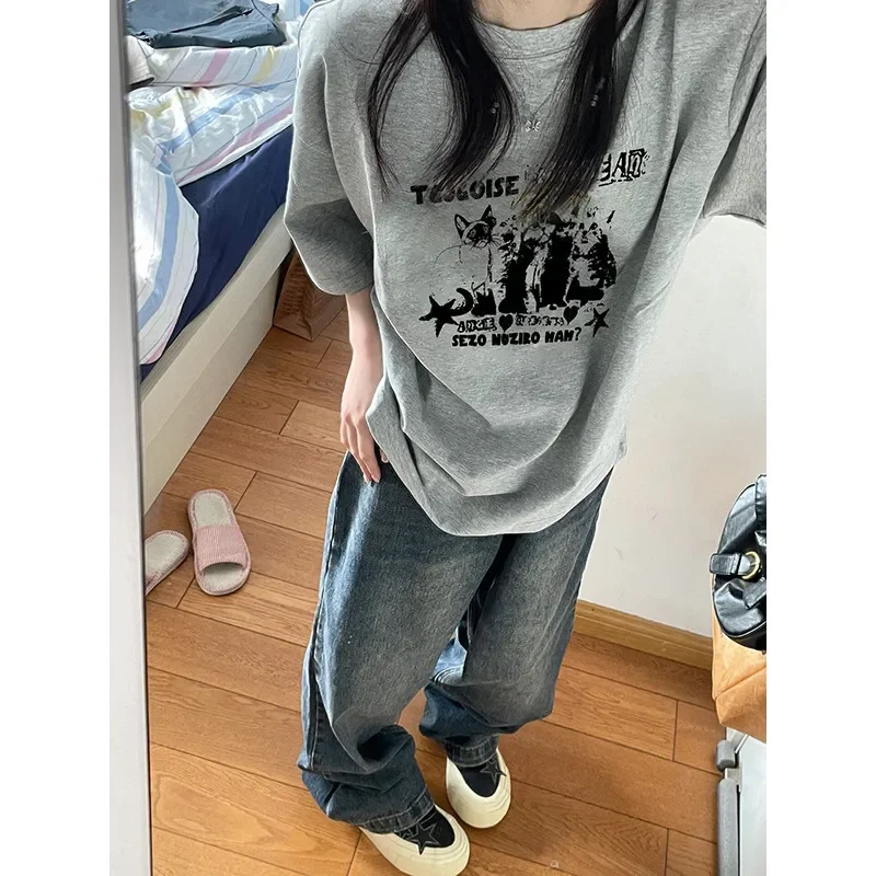 T-shirt d'été pour femmes au design rétro, manches courtes, col rond tendance, vêtements décontractés streetwear, vêtements de mode d'été confortables