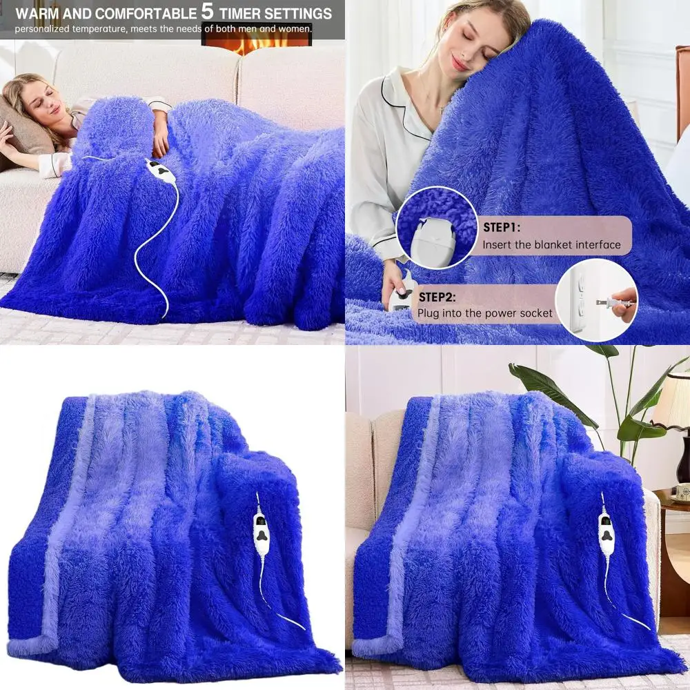 

Luxury Faux Fur Sherpa Electric Blanket, 10 Heat & 5 Timer Options, Quick Warm, 50x60, Glacier Blue