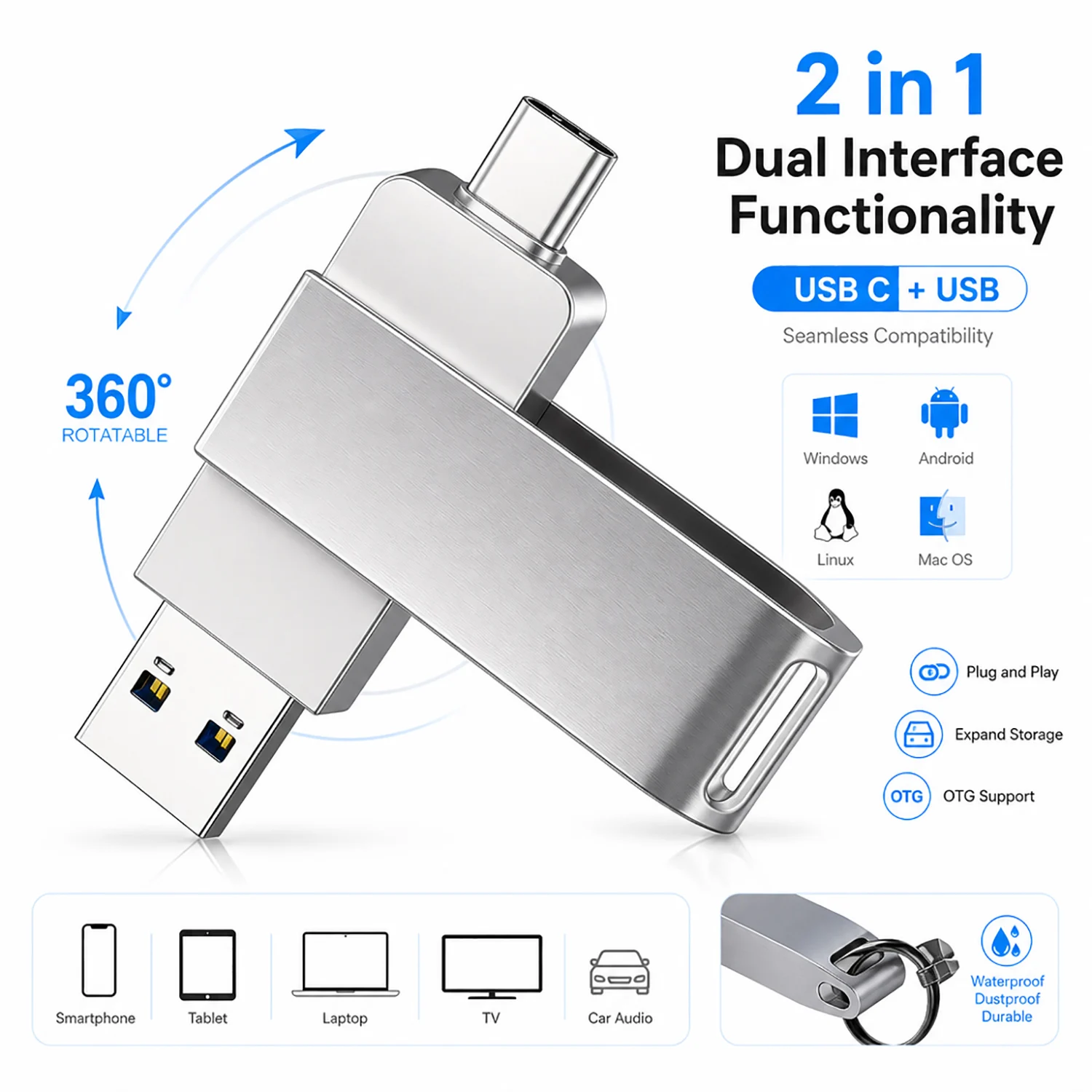 OTG 2 IN 1 Type-C USB2.0 Pendrive Portable USB Memory Stick 8/16/32/64/128GB Wedding Gift Flash Drive