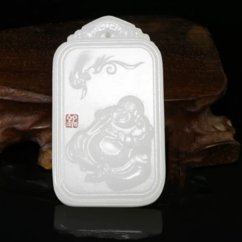 Natural White Jade Laughing Buddha Statue Buddha Plaque - Relief Carved Maitreya Hanging Ornament, Lucky Amulet Talisman Decor