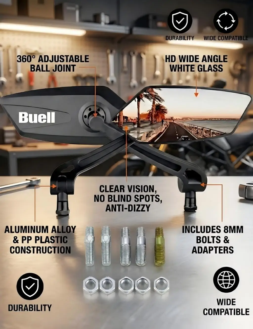 Motorcycle Rear view Mirrors For Buell 1125R 1125Cr X1 Xb9r Xb9 Xb12 Xb9sx Ulysses XB12s Xb12x M2 Adjustable Rear Mirrors