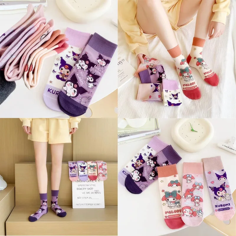 Sanrios 5 Pairs New Cartoon Socks Anti Slip Sweat Absorbing Friction Resistant Melody Cute Cartoon Purple Middle Socks for Girl